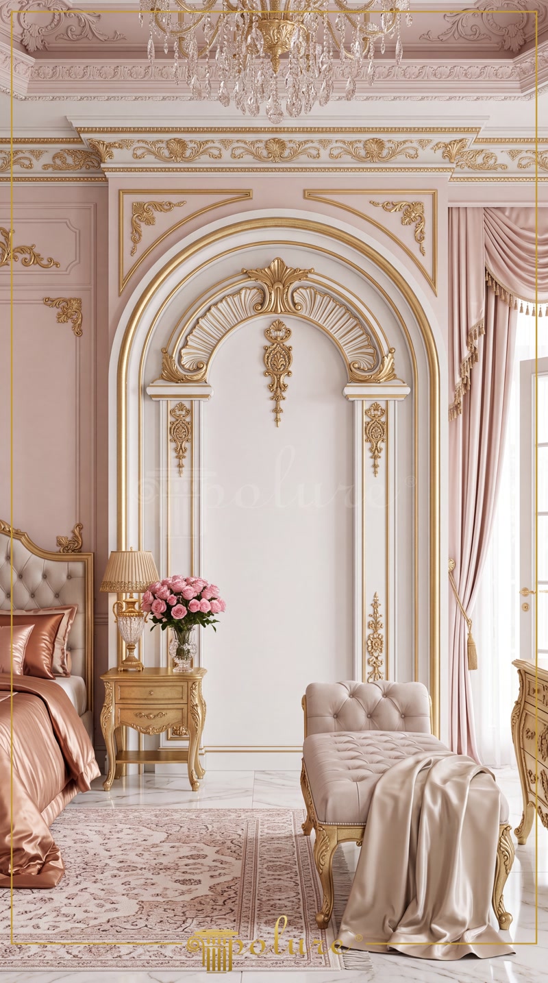 Dormitor clasic roz cu profil poliuretan P14D30D160VI, arc decorativ auriu, noptieră și mobilier elegant.