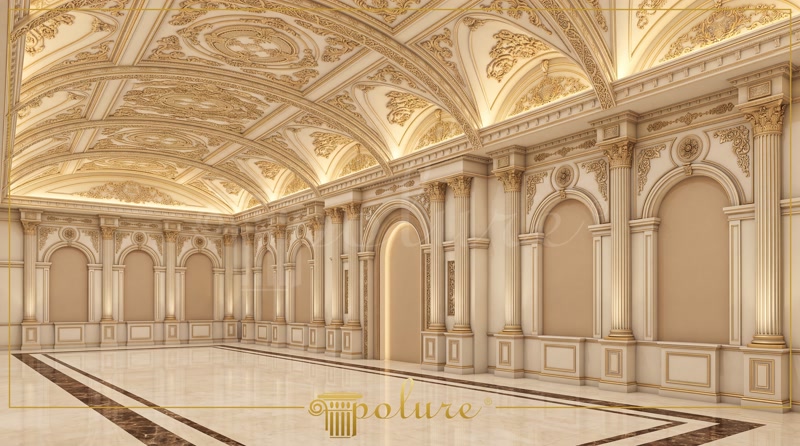 Interior de salon clasic decorat cu arcade din poliuretan, coloane sculptate și tavan boltit cu ornamente aurii