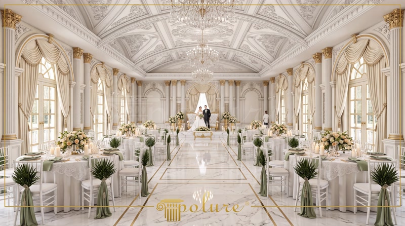 Sala festiva decorata cu coloane din poliuretan P5020W, arcade P1473D67VI si tavan ornamental casetat.