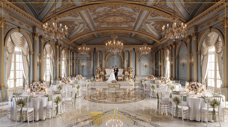 Sală de nuntă clasică decorată cu coloane, arcuri și ornamente din poliuretan auriu și albastru pastel.
