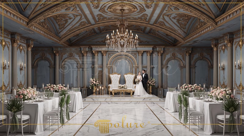 Decor interior clasic din poliuretan cu coloane sculptate, arcade elegante și tavan decorat într-o sală de nunți.