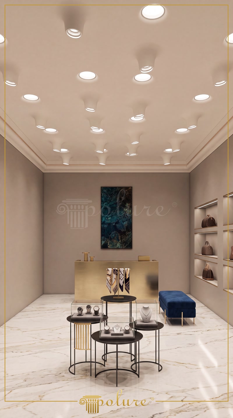 Tavan decorativ din poliuretan cu spoturi încastrate PA501 și scafă de lumină ascunsă într-un spațiu modern.