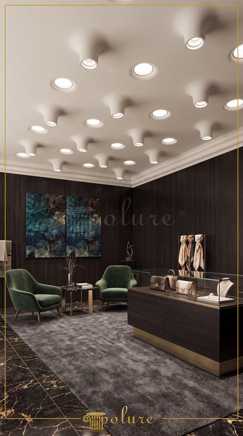 Plafon modern cu corpuri de iluminat incastrate din poliuretan intr-un salon elegant cu fotolii verzi