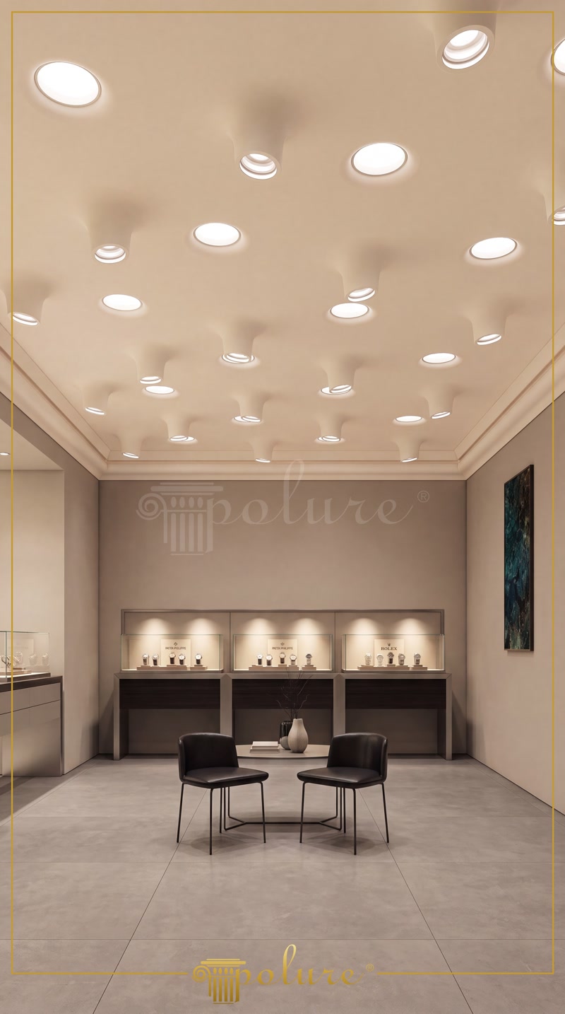 Tavan modern cu corpurile de iluminat din poliuretan PA501 și profilul de lumină ascunsă P81376 în interior.