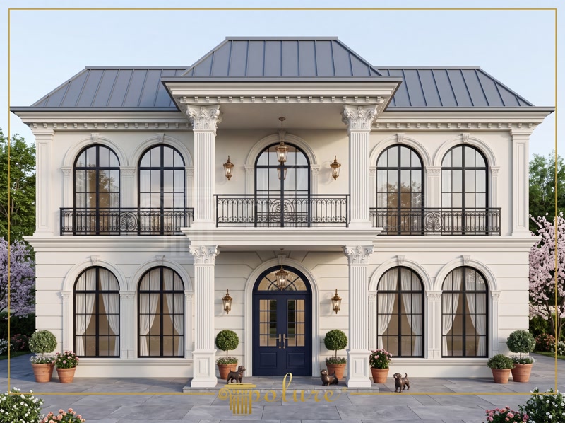 Fațadă de vilă clasică decorată cu ancadramente de ferestre arcuite, coloane și profiluri din poliuretan alb.
