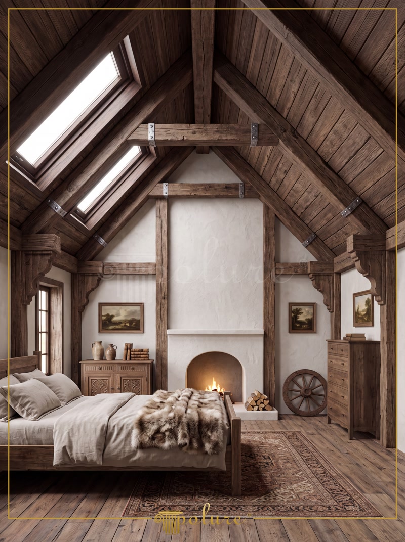 Modern Interpretation of Rustic Values, Magnificent Bedroom Design with Polyurethane Beams rustic decoration polyurethane beam rafter models modern interpretation natural textures traditional design aesthetic combination comfort authentic look wood texture fireplace patterned carpet works of art peaceful living space inviting atmosphere design