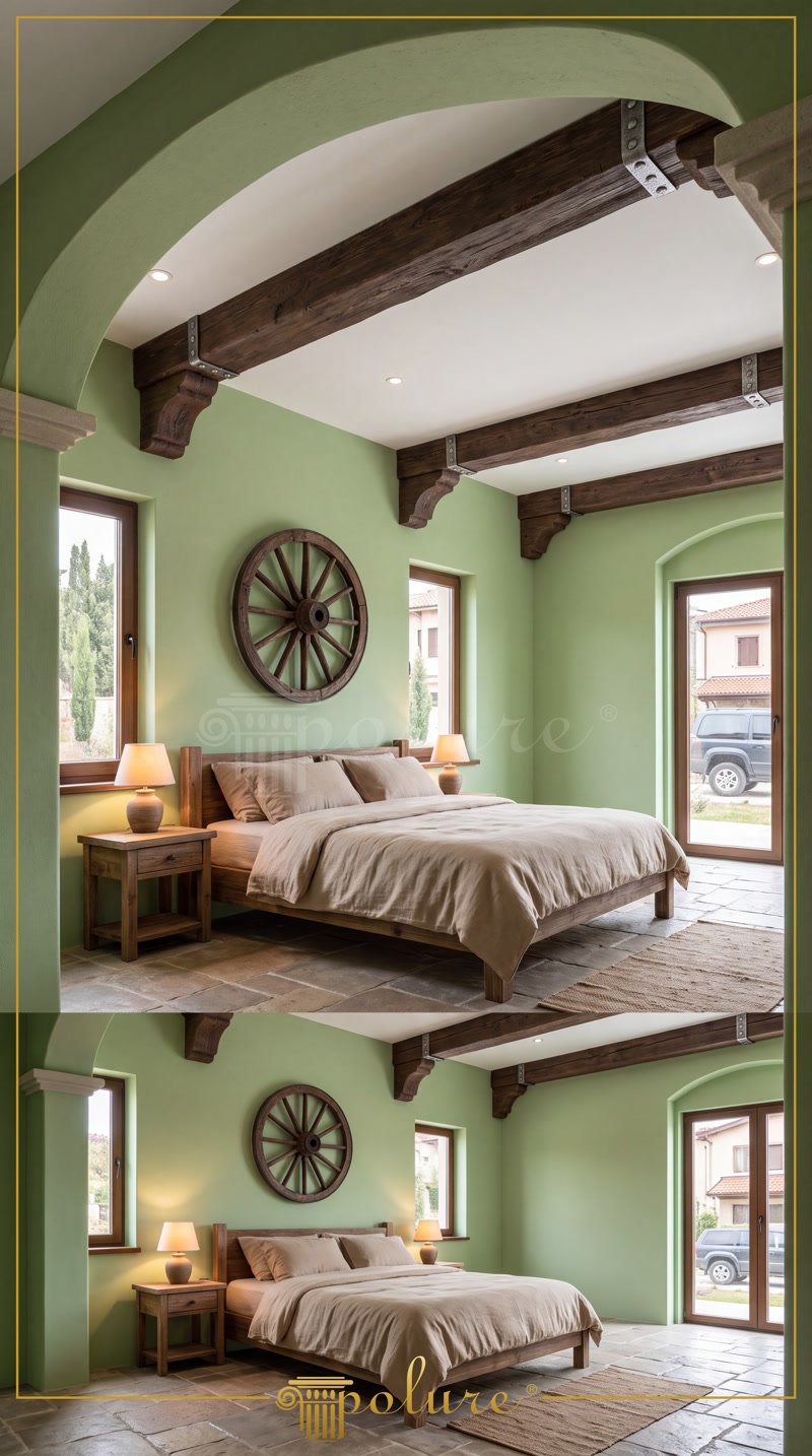Grinzi din Poliuretan pentru Dormitor la Mansardă Dormitor rustic la mansardă amenajat cu grinzi decorative din poliuretan, șemineu din piatră și corpuri de iluminat calde.