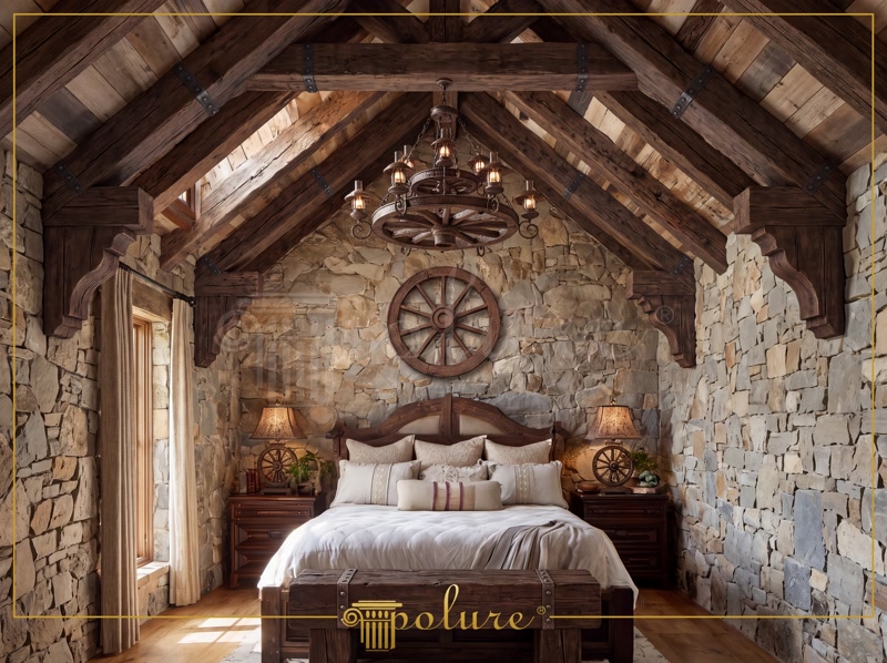 Grinzi din Poliuretan pentru Dormitor la Mansardă Dormitor rustic la mansardă amenajat cu grinzi decorative din poliuretan, șemineu din piatră și corpuri de iluminat calde.