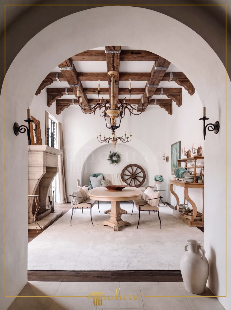 Amenajare Dining Rustic  Amenajare dining rustic cu grinzi și profile decorative din poliuretan: montaj ușor cu adeziv, aspect autentic de lemn, finisaj vopsibil în orice n