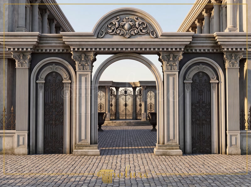 Portal de intrare neoclasic realizat din pilastri și arcade din poliuretan pe o aleie pavată cu piatră.