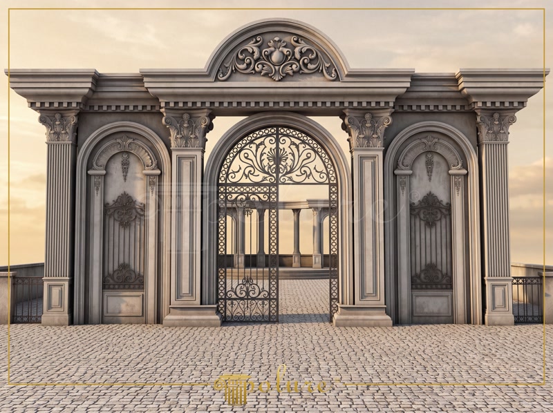 Portal monumental din poliuretan cu stâlpi pilastru, arcadă rotundă și fronton decorativ la intrarea pe terasă.